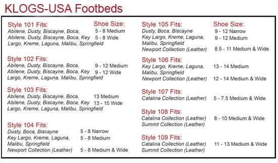 Klogs Footbed Size Chart